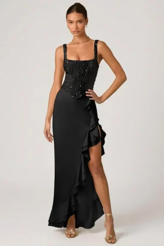 Abito a corsetto con volant decorati Robina in nero