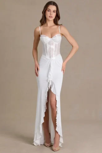 Abito a corsetto in pizzo decorato Beatrix Premium in bianco