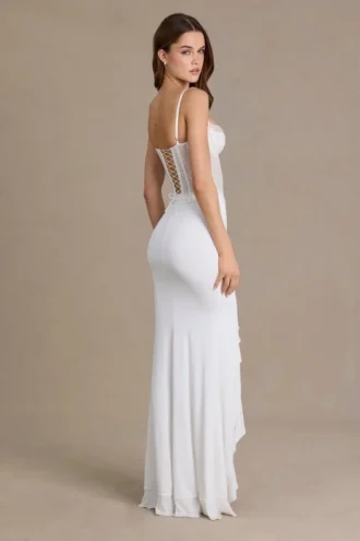 Abito a corsetto in pizzo decorato Beatrix Premium in bianco