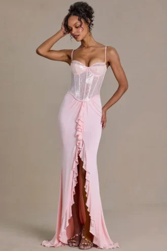 Abito a corsetto in pizzo decorato Beatrix Premium in rosa confetto