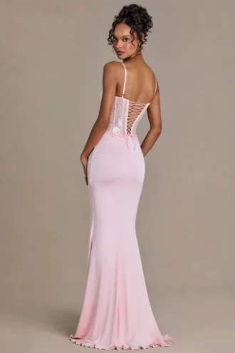 Abito a corsetto in pizzo decorato Beatrix Premium in rosa confetto