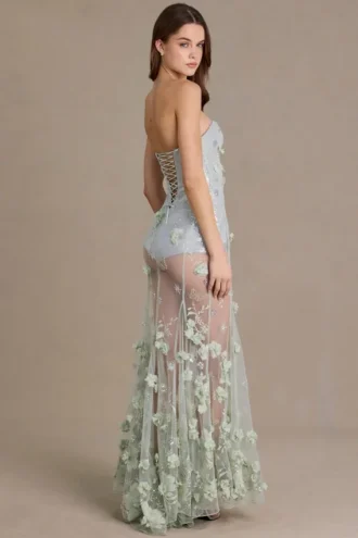 Abito a corsetto in tulle decorato Estella in verde salvia