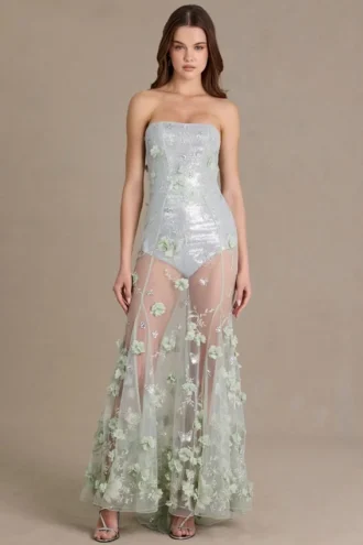 Abito a corsetto in tulle decorato Estella in verde salvia