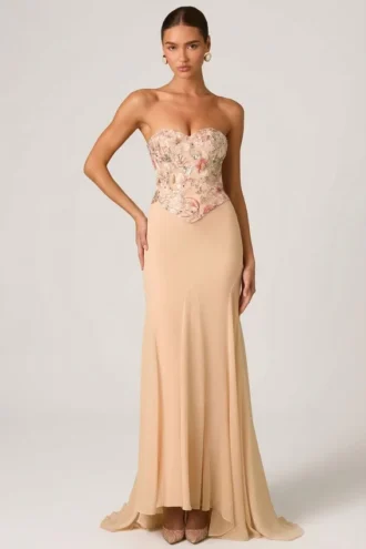 Abito a sirena con corsetto decorato Lysana in beige floreale