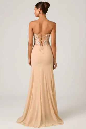 Abito a sirena con corsetto decorato Lysana in beige floreale