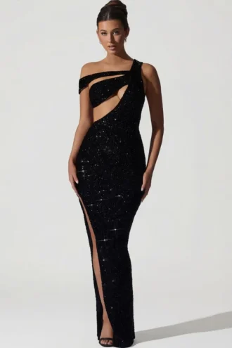 Abito asimmetrico con cut-out decorato Persephone, nero