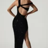 Abito asimmetrico con cut-out decorato Persephone, nero