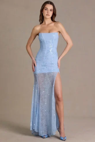 Abito con corsetto in pizzo decorato Liliane Premium in azzurro