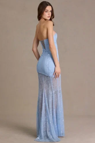 Abito con corsetto in pizzo decorato Liliane Premium in azzurro