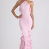 Abito con scollo all’americana e volant Mireya in rosa tenue