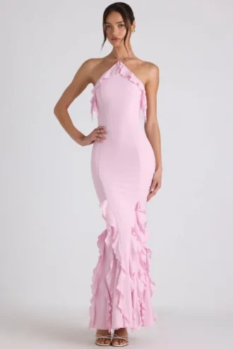 Abito con scollo all’americana e volant Mireya in rosa tenue
