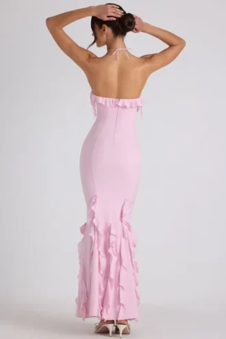 Abito con scollo all’americana e volant Mireya in rosa tenue