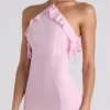 Abito con scollo all’americana e volant Mireya in rosa tenue