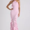 Abito con scollo all’americana e volant Mireya in rosa tenue