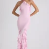 Abito con scollo all’americana e volant Mireya in rosa tenue