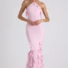 Abito con scollo all’americana e volant Mireya in rosa tenue