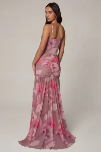 Abito corsetto asimmetrico con ruches Haruna in fantasia floreale sfocata Abito corsetto asimmetrico con ruches Haruna in fantasia floreale sfocata