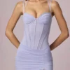 Abito corsetto asimmetrico con ruches Haruna in lilla