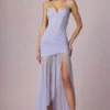 Abito corsetto asimmetrico con ruches Haruna in lilla