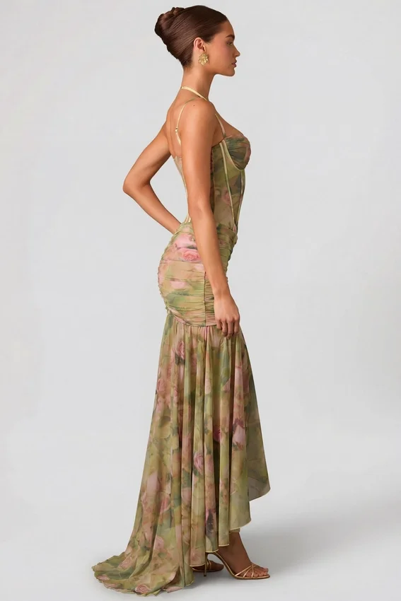 Abito corsetto asimmetrico con ruches Haruna in stampa floreale multicolore Abito corsetto asimmetrico con ruches Haruna in stampa floreale multicolore