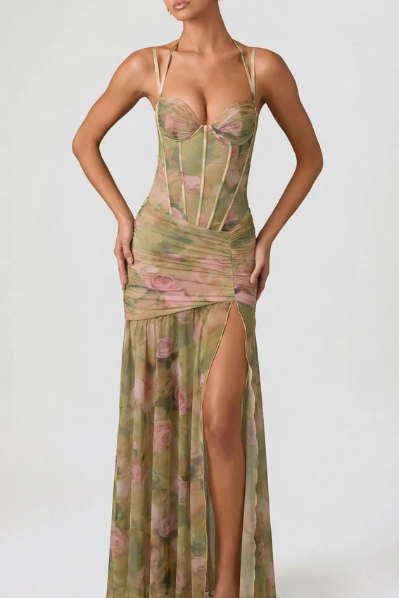 Abito corsetto asimmetrico con ruches Haruna in stampa floreale multicolore Abito corsetto asimmetrico con ruches Haruna in stampa floreale multicolore