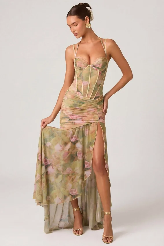 Abito corsetto asimmetrico con ruches Haruna in stampa floreale multicolore Abito corsetto asimmetrico con ruches Haruna in stampa floreale multicolore