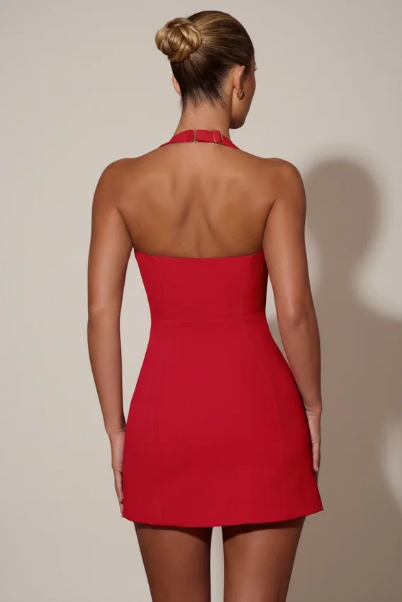 Abito corto A-line con scollo all’americana e dettagli a cuore Lenore in rosso