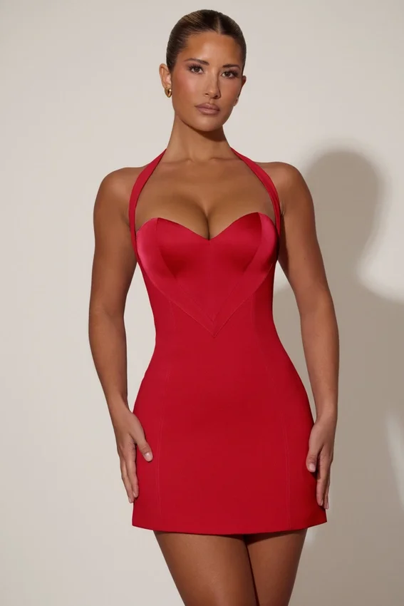 Abito corto A-line con scollo all’americana e dettagli a cuore Lenore in rosso