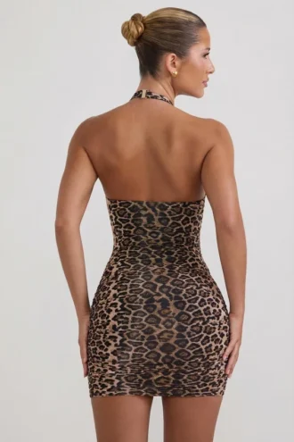 Abito corto aderente con scollo all’americana e ruches Alena in leopardato Abito corto aderente con scollo all’americana e ruches Alena in leopardato