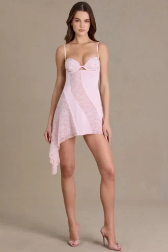 Abito corto con coppe impreziosito in raso Celestia, rosa confetto