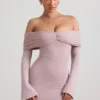 Abito corto con spalle scoperte e ruches in misto modal e cashmere color taupe Abito corto con spalle scoperte e ruches in misto modal e cashmere color taupe
