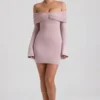 Abito corto con spalle scoperte e ruches in misto modal e cashmere color taupe Abito corto con spalle scoperte e ruches in misto modal e cashmere color taupe