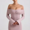 Abito corto con spalle scoperte e ruches in misto modal e cashmere color taupe Abito corto con spalle scoperte e ruches in misto modal e cashmere color taupe