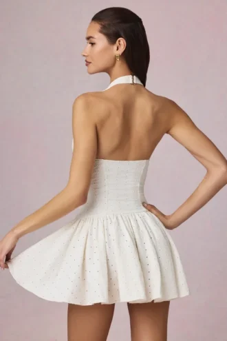 Abito corto Haddie in modal con ricamo inglese e scollo all’americana, bianco Abito corto Haddie in modal con ricamo inglese e scollo all’americana, bianco