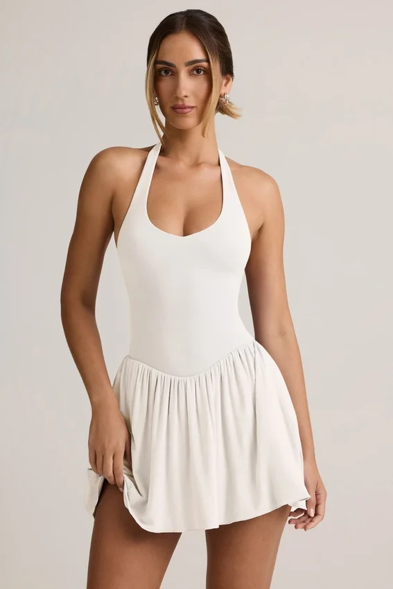 Abito corto Reanna in modal con scollo all’americana e schiena scoperta, colore bianco Abito corto Reanna in modal con scollo all’americana e schiena scoperta, colore bianco