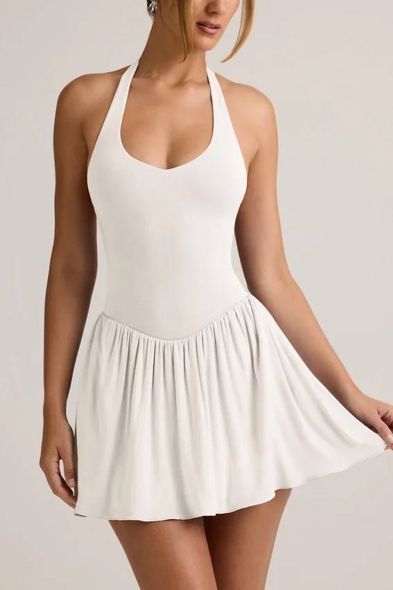 Abito corto Reanna in modal con scollo all’americana e schiena scoperta, colore bianco Abito corto Reanna in modal con scollo all’americana e schiena scoperta, colore bianco