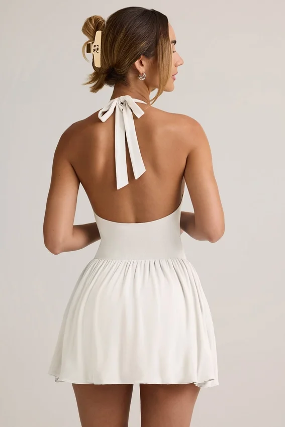 Abito corto Reanna in modal con scollo all’americana e schiena scoperta, colore bianco Abito corto Reanna in modal con scollo all’americana e schiena scoperta, colore bianco