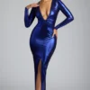 Abito da sera in jersey metallizzato a maniche lunghe Safiya in blu elettrico Abito da sera in jersey metallizzato a maniche lunghe Safiya in blu elettrico
