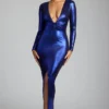 Abito da sera in jersey metallizzato a maniche lunghe Safiya in blu elettrico Abito da sera in jersey metallizzato a maniche lunghe Safiya in blu elettrico