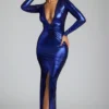 Abito da sera in jersey metallizzato a maniche lunghe Safiya in blu elettrico Abito da sera in jersey metallizzato a maniche lunghe Safiya in blu elettrico