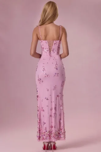 Abito lungo a corsetto decorato Primara in rosa zucchero filato