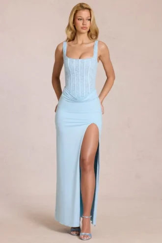 Abito lungo a corsetto in pizzo Zalia in blu polvere