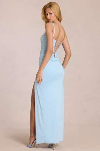 Abito lungo a corsetto in pizzo Zalia in blu polvere