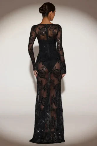 Abito lungo a corsetto trasparente con decorazioni Nazara in nero