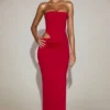 Abito lungo a fascia con cut-out in jersey morbido Zorya, colore rosso vero Abito lungo a fascia con cut-out in jersey morbido Zorya, colore rosso vero