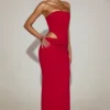 Abito lungo a fascia con cut-out in jersey morbido Zorya, colore rosso vero Abito lungo a fascia con cut-out in jersey morbido Zorya, colore rosso vero