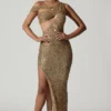 Abito lungo asimmetrico con cut-out e decorazioni Persephone in oro Abito lungo asimmetrico con cut-out e decorazioni Persephone in oro