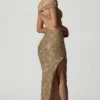 Abito lungo asimmetrico con cut-out e decorazioni Persephone in oro Abito lungo asimmetrico con cut-out e decorazioni Persephone in oro