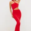 Abito lungo asimmetrico con cut-out in jersey Kalina in rosso scarlatto Abito lungo asimmetrico con cut-out in jersey Kalina in rosso scarlatto