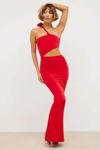 Abito lungo asimmetrico con cut-out in jersey Kalina  in rosso scarlatto